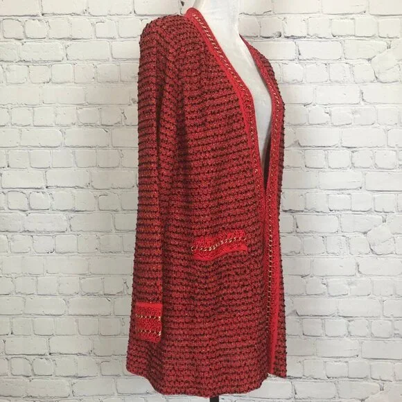 NWT Misook Red Boucle Chain Detail Cardigan Sweater Size L - Picture 2 of 7
